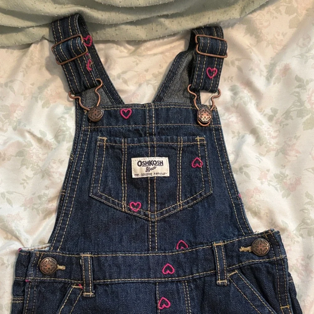 OshKosh B'gosh Dark Blue Denim Overalls with Pink Heart Accents